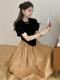 Amfeov Vintage Crew Neck Puff Sleeve Irregular Pleated Dress