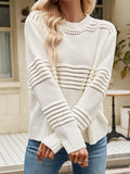 christmas outfit Amfeov Long Sleeves Loose Hollow Solid Color Round-Neck Knitwear Pullovers Sweater Tops