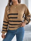 christmas outfit Amfeov Long Sleeves Loose Contrast Color Pockets Split-Joint Round-Neck Pullovers Sweater Tops