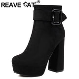 cold weather outfits Amfeov Sexy Women Ankle Boots Round Toe Block Heels 12cm Platform Flock Suede Size 45 46 Party Bota