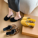 Amfeov Comfortable Soft Fur Mules Slippers Women Autumn Winter Square Heels Warm Plush Slippers Woman High Heel Faux Fur Slides