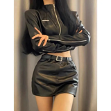 cold weather outfits Amfeov Women's Autumn/Winter New Vintage Biker Shorts Jacket Leather Clothes High-Waisted Versatile Skirt Dress Set