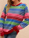 christmas outfit Amfeov Long Sleeves Loose Contrast Color Hollow Striped Round-Neck Pullovers Sweater Tops