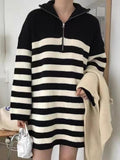 Amfeov Vintage Half-Zip Striped Loose Long-Sleeve Knit Dress