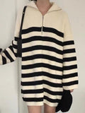 Amfeov Vintage Half-Zip Striped Loose Long-Sleeve Knit Dress