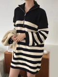 Amfeov Vintage Half-Zip Striped Loose Long-Sleeve Knit Dress