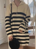 Amfeov Vintage Half-Zip Striped Loose Long-Sleeve Knit Dress