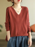 christmas outfit Amfeov Long Sleeves Loose Solid Color V-Neck Sweater Tops