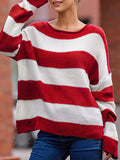 christmas outfit Amfeov Long Sleeves Loose Contrast Color Striped Round-Neck Pullovers Sweater Tops