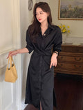 Amfeov Lapel Cross-Tie Balloon Sleeve Shirt Dress