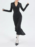 Amfeov Fashionable Black Knitted Long-sleeve Bottoming Slit Dress