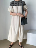 Amfeov Vintage Crew Neck Heavy Embroidered Puff Sleeve Pleated Dress