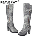 cold weather outfits Amfeov Women Knee High Boots Print Round Toe Block Heels 8.5cm Buckles Zip Extra Big Size US17 49 48 Vintage Riding Booties