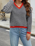 christmas outfit Amfeov Long Sleeves Loose Contrast Color Jacquard Striped V-Neck Pullovers Sweater Tops