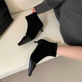 Amfeov Footwear Pointed Toe Ladies Short Booties Slip On Shoes Fashion Designer Elastic Women Ankle Modern Boots Medium Heels Shoes