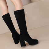 cold weather outfits Amfeov Women Knee High Boots Flock Suede Round Toe Block Heels 9cm Platform 2cm Slip On 45 46 47 Concise Daily Female Booties