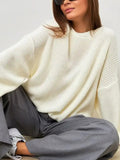 christmas outfit Amfeov Long Sleeves Loose Solid Color Split-Joint Round-Neck Sweater Tops