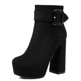 cold weather outfits Amfeov Sexy Women Ankle Boots Round Toe Block Heels 12cm Platform Flock Suede Size 45 46 Party Bota