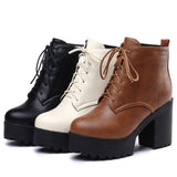 cold weather outfits Amfeov 2024 Women Ankle Boots Round Toe 9cm Block Heels Lace-Up 3.5cm Platform Big Size 33-44 A3396