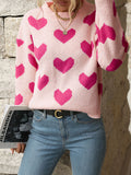 christmas outfit Amfeov Long Sleeves Loose Heart Print Jacquard Split-Joint Round-Neck Pullovers Sweater Tops