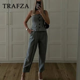 cold weather outfits Amfeov 2024 Autumn Winter Women Vintage Solid Suits Fashion Casual Skew Collar Sleeveless Button Vests+Straight Pencil Pants