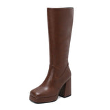 cold weather outfits Amfeov Women Knee High Boots Toe Block Heels 10cm Platform 2.5cm Big Size 43 Concise Female Bota