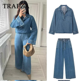 cold weather outfits Amfeov 2024 Spring Summer Casual Denim Women Suits Fashion Vintage Turn-down Collar Pocket Shirts+Chic Drawstring Wide Leg Pants