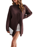 christmas outfit Amfeov Long Sleeves Loose Solid Color Split-Front Velvet Mock Neck Pullovers Sweater Tops