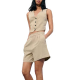 cold weather outfits Amfeov Single Breasted Vest with Split Linen for Women Pleated Design High Waisted Casual Shorts Set New