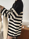 Amfeov Vintage Half-Zip Striped Loose Long-Sleeve Knit Dress