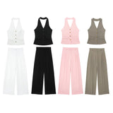 cold weather outfits Amfeov 2024 Spring Summer Casual Women Solid Suits Fashion V Neck Halter Single Breasted Vests+Chic High Waist Wide Leg Pants