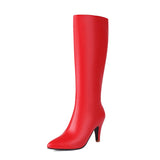 cold weather outfits Amfeov Women Knee High Boots Pointed Toe Small Heels 8.5cm Size 45 46 47 Fashion Sexy Party Female Booties