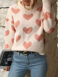 christmas outfit Amfeov Long Sleeves Loose Heart Print Jacquard Split-Joint Round-Neck Pullovers Sweater Tops