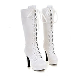 cold weather outfits Amfeov British Ladies Knee High Boots Round Toe Lace Up 12CM Platforms Spike Heels Shoes Size 31-45 White A4206