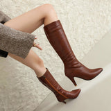 cold weather outfits Amfeov Women Knee High Boots Pointed Toe Small Heels 8.5cm Size 45 46 47 Fashion Sexy Party Female Booties