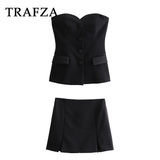 cold weather outfits Amfeov 2024 Spring Summer Sexy Solid Women Suits Fashion Strapless Sleeveless Single Breasted Tops+Folds Mini Shorts Skirts