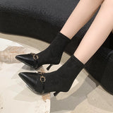 Amfeov New Winter British Boots Matal Buckle Pointed Toes Cat Heel Design Soft Leather Booties Stiletto Women Sexy Fashion Thin Boot