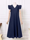 Amfeov Fly-sleeve Denim Tie Back V-Neck Long Dress