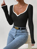 christmas outfit Amfeov Long Sleeves Skinny Pleated Split-Joint V-Neck Sweater Tops