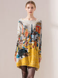 christmas outfit Amfeov Original Loose Cartoon Printed Round-Neck Long Sleeves Sweater Dress