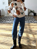 christmas outfit Amfeov Long Sleeves Loose Flower Print Round-Neck Pullovers Sweater Tops