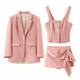 cold weather outfits Amfeov 2024 Spring Summer Solid Office Lady Suits Fashion Shrug Single Breasted Blazers+Short Slim Vests+Pleat Mini Short Skirts