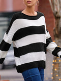 christmas outfit Amfeov Long Sleeves Loose Contrast Color Striped Round-Neck Pullovers Sweater Tops