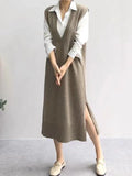 Amfeov V-neck Knit Split-side Long Dress