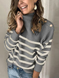 christmas outfit Amfeov Original Loose Striped Buttoned High-Neck Long Sleeves Sweater Top