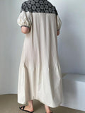 Amfeov Vintage Crew Neck Heavy Embroidered Puff Sleeve Pleated Dress