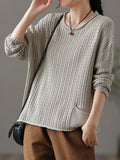 christmas outfit Amfeov Artistic Retro Loose Long Sleeves Jacquard Solid Color Round-Neck Sweater Tops