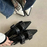 Amfeov Slingback Shoes Gothic Chunky Heels Women's Pumps Rivet Street Style Medium Heel Punk Vintage Casual Sandals Spring Summer 2024