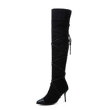 cold weather outfits Amfeov REAVECAT Motorcycle Boots Pointed toe Thin heels Flock Cross-tied Big size 34-48 Club Party A3104