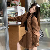 cold weather outfits Amfeov 2024 Autumn New Sensibility Maillard Brown Vintage Leather Jacket With Pleated Skirt Set Women Fashion Dress Set